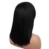 Pelucas para Mujeres Peluca De Cabello Humano Recto Negro De Longitud Media para Mujeres con Flequillo De Pelo Plano Traje De Uso Diario Peluca O De 16 ''