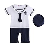 Geagodelia Pijama de bebé de verano con gorro, vestido de marinero para niños de 0 a 24 meses, 2 piezas, para cosplay, fiesta de bebé, niño, de manga corta blanco 0-12 meses