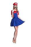 thematys Super Mario Luigi Gorra + Vestido + Barba + Guantes - Conjunto de Vestuario para Mujer Carnaval y Cosplay (M, Talla 160-165cm)