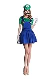 thematys Super Mario Luigi Gorra + Vestido + Barba + Guantes - Conjunto de Vestuario para Mujer Carnaval y Cosplay (M, Talla 160-165cm)