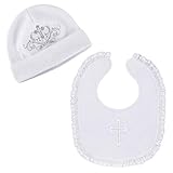 LACOFIA Sombrero de Bautizo para recién Nacidas con Bordado Gorros Beanie de algodón Unisex bebé niñas y Babero de Bautizo Blanco 6-12 MESI