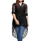 VJGOAL Mujer Tallas Grandes Casual Moda Manga Larga Sexy V-Cuello Perspectiva de Encaje Botón Swallowtail Camisa Tops Blusa(XXX-Large,Negro)