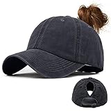 Voqeen Gorras de Beisbol para Hombre Mujeres Classic Ajustable Sombreros de béisbol de Cola de Caballo Moda Color sólido Gorra Retro Unisex Viseras molienda Borde Haga Viejo Sombrero (Negro)