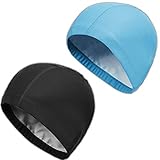 2Pcs Unisex Gorro de Natación Gorro de Baño Piscina Mujer y Hombre Gorro Natación para Pelo Largo y Corto Gorros de Piscina Impermeable Suave y Cómodo, Talla Unica (Negro + Azul Claro)