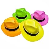 Novelty Place [Estrellas de la Fiesta Fieltro Neón Sombreros de Plástico para Fiestas - Estilo Gánster y Brillo de Luz Negra UV - para Niños y Adultos (Paquete de 12)