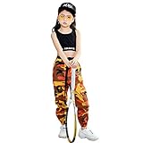 LOLANTA 2 Piezas Niñas Hip Hop Street Dance Solo Ropa Set Crop Tank Top+Camuflaje Jogger Pantalones, Naranja, 110