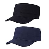 2 Piezas Gorra Militar de Algodón, Militar de Cadetes Sombrero, Gorra Cadete, Gorra Plana de Algodón Ajustable para Hombres y Mujeres (Negro, Azul Marino)