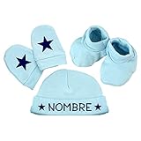 ClickInk Pack gorro, manoplas y patucos bebé. Personalizado con nombre. Regalo bebé. Regalo personalizado. Regalo primera puesta. Prendas de algodón. (Azul)