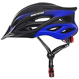 Casco de Bicicleta para Adultos, Cascos de Bicicleta Ligeros Ajustables para Hombres y Mujeres, Casco de Bicicleta de Carretera y montaña con Visera Desmontable y luz LED Trasera (Negro + Azul -1)