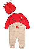 ZOEREA Bebé Niñas Niños Mameluco Navidad Mono Algodón Conjunto de Ropa con Gorra Manga Larga de Ciervo Hecho Punto Cálido Suéter Onesie