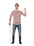 Smiffys Unisex, kit de accesorios oficial de Where's Wally con camiseta, gorro y gafas, L