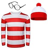NUWIND - Conjunto de gorro, gafas y camiseta de rayas rojas y blancas para disfraz de Halloween o fiesta de disfraces