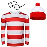 NUWIND - Conjunto de gorro, gafas y camiseta de rayas rojas y blancas para disfraz de Halloween o fiesta de disfraces