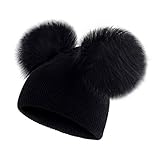 ECYC Niños Sombrero Niño Niños Bebé Cálido Gorro de Lana de Invierno Tejido Gorro con pompón de Piel Beanie para bebés de 6 Meses a 3 años, Negro