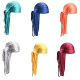 Ulalaza Estrella Satin Seda Cabeza Wrap Durag Long Tail Beanies Cap Estiramiento Terciopelo Durag Correas Headwraps para Hombres Mujeres