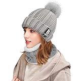 Yuson Girl Conjunto de gorro y bufanda de punto, forro polar de invierno, forro de lana Beanie Hat, calentadores de cuello para mujeres (Gris)
