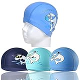 RETON Gorro de Natación Impermeable para Niños Gorro de Natación Transpirable para Niños con Patrón de Dibujos Animados de Revestimiento de PU (Azul Cielo + Azul Lago + Azul Marino)