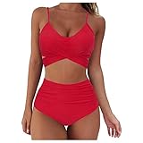 JKRTR - Bañador para mujer, talla alta, sexy, bikini de color liso, dos piezas rojo S