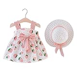 MAHUAOYIXI Vestido de verano para niña, estampado floral, vestido de princesa para bebé, estampado de fresa, gorro de verano Rosa 2-3 Años