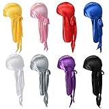 Paquete de 8 gorro de turbante transpirable Durag de seda durag para hombres y mujeres manchado sedoso Durags con 4 gorro de media de satén con correas largas y anchas Sombrero de pirata Doo Durag