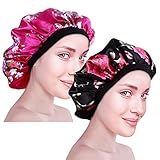 CODIRATO 2 PCS Gorro de Satén de Banda Ancha, Gorra de Dormir de Noche Suave Sombrero de Dormir para Mujeres y Chicas (Negro y Rojo Rosado)