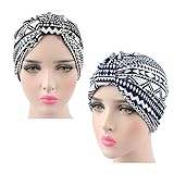 Pluto & Fox Gorra Beanie De Tela Algodón Tipo Pañuelo Turbante para Cabeza De Mujer para Cáncer Quimioterapia Chemo Oncológico Noche Pèrdida de Pelo Cabello 2 Unidades (Negro-Azul (2 Unidades), M-L)