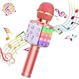 ShinePick Micrófono Karaoke Bluetooth, 4 en1 Microfono Inalámbrico Karaoke Portátil con Luces LED para Niños Canta Partido Musica, Compatible con Android/iOS PC, AUX o Teléfono Inteligente (Oro rosa)