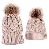 XMYNB Bufanda de Gorro Sombreros De Piel De Bebé Mamá Sombreros Caliente Invierno Lana Gancho Sólido Color Sombrero para Mujeres Niños Niñas Surtidos Sombreros,Caqui,Niño