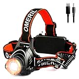 OMERIL Linterna Frontal LED, Linterna Cabeza USB Recargable 4000mAh, 90° Ajustable y Zoomable Luz Frontal con 3 Modos de Luz, Frontal LED para Camping, Excursión, Pesca, Caza, Ciclismo - IPX4