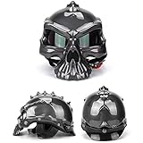 PKFG Casco Moto Jet Cráneo Gris Brillante, FG-01 Cascos Half-Helmet Moto Estilo Calavera Diseño, HD Gafas Protectoras y Visera Uso de Doble Cara, Fiesta Halloween,XL(63~64CM)