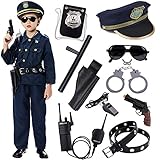 Policía Disfraz Niño con Policía Equipo Policía Camisa Pantalones Sombrero Cinturón Policía Placa Esposas Gafas de Sol Walkie Talkie Policía Juguete Kit para Niños Halloween Fiesta Carnaval (XS)