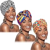 3 Piezas Turbantes Africano para Mujer Gorro de Nudo Pre-Atado Envoltura de Cabeza(Negro Naranja Rosa Geometría)