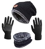 ASYBHYY Gorras Invierno con Bufanda y Guantes Táctiles Antideslizante 3 en 1, Negro