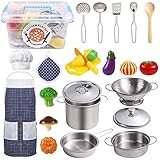 EFO SHM Juguetes de Cocina para niños Accesorios, 23 Piezas Juguetes de Chef para Niños, Cocina de Acero, Vegetales para Cortar, Delantal y Gorro De Cocinero, Apto para niños Mayores de 3 años