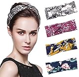 IYOU Diademas de Boho Gorros De Flores Diadema anudada Bandas anchas de algodón Cintas de pelo para fitness para mujer y niñas (paquete de 4)