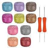 Kurtzy Set Hilos para Crochet Coloridos (10 Madejas) 2 Agujas de Ganchillo (3 mm y 4 mm) Cada Madeja pesa 15 g – Total de 950 Metros de Colorido Hilo Acrílico y Brillante - Hilo para Tejer a Crochet