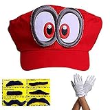 Super Mario Gorra Odyssey - Conjunto de 1x Guantes y 6X Barba pegajosa Costume para Adultos y niños Carnaval y el Cosplay - Ojos