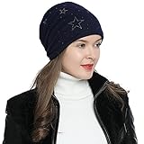 DonDon Mujer Gorro de Invierno con Estrella Plata estrás Estrella e Forro Interior Suave - Azul Oscuro