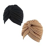 Pluto & Fox Gorra Beanie De Tela Color Liso Turbante para Cabeza De Mujer para Cáncer Quimioterapia Chemo Oncológico Noche Pèrdida de Pelo Cabello 2 Unidades (Negro/Beige, 2)