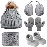 Gorro Bufanda de Invierno de Bebé Orejeras Mitones Calcetines de Niños Pequeños, Conjunto Caliente de Invierno de Bebé 5 Piezas (Gris)