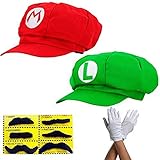 Super Mario Gorra Luigi - Conjunto de Disfraces para Adultos y niños + 2X Guantes y 6X Barba pegajosa Carnival & Cosplay - Classic Cappy Cap