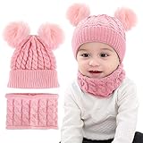 CheChury Conjunto de Bufanda y Gorro de Punto Unisex Niños Niñas Invierno cálido Punto Beanie Gorros con Pompon Bufanda de Punto Cuello Redondo Bebé